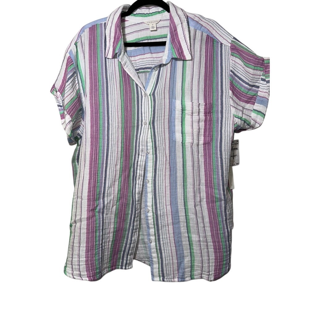 NWT‎ CASLON Cotton Striped Button-Down 2X Natural Fiber Summer Breathable Fabric